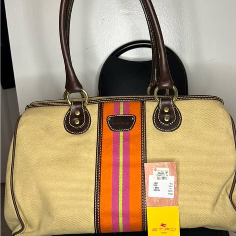 Etro Canvas Striped Boston Satchel with Leather Trim w Tag